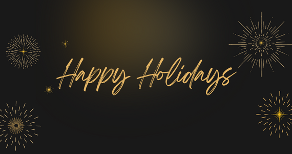 Happy Holidays in gold over dark backdrop and four bursts of gold light in each corner